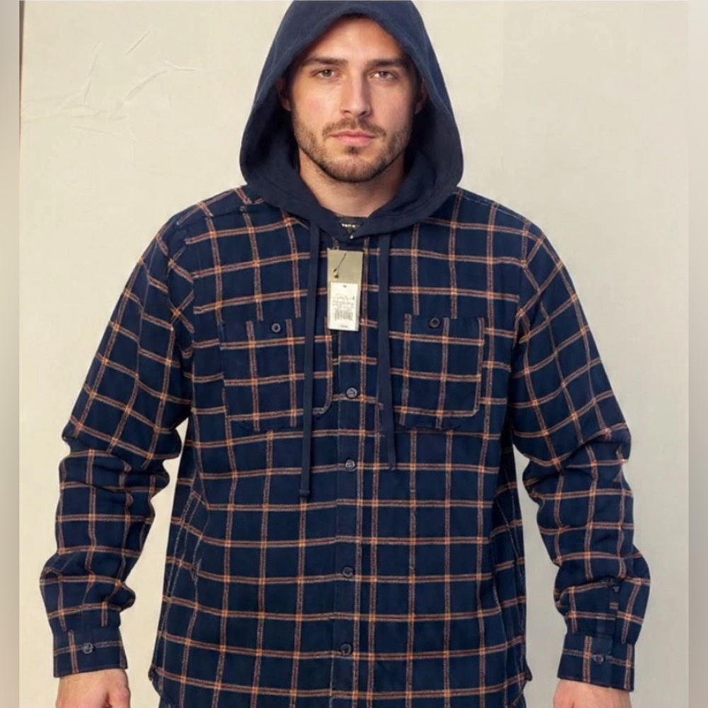 NWT Original Use Men's Blue Plaid Hooded Long Sleeve Button-Down Shirt / Shacket